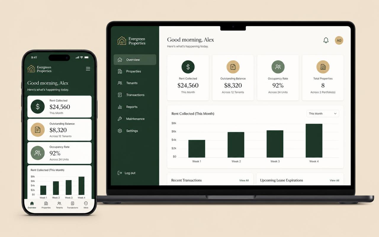 RentFlow Africa dashboard showing rent collected, outstanding balance and occupancy